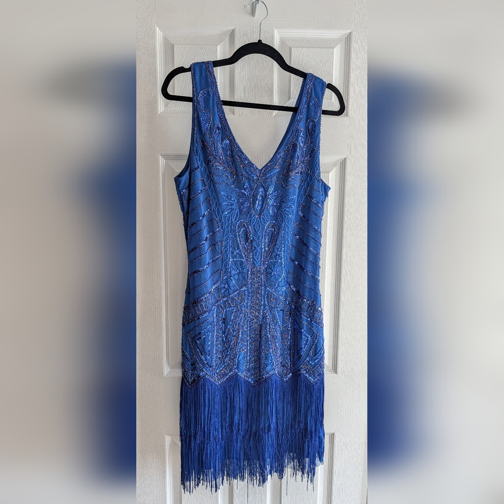 BABEYOND Blue Stretch Sequin Flapper Dress – XL – Fringe Hem – Zip Closure